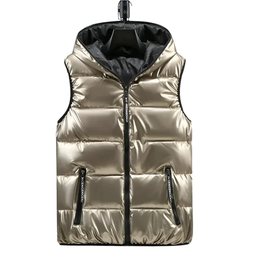 2024 Men’s Hooded Winter Vest – Glossy, Thick Cotton-Padded Sleeveless Coat, Waterproof Warm Waistcoat, Sizes Up to 6XL