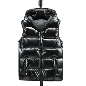 2024 Men’s Hooded Winter Vest – Glossy, Thick Cotton-Padded Sleeveless Coat, Waterproof Warm Waistcoat, Sizes Up to 6XL