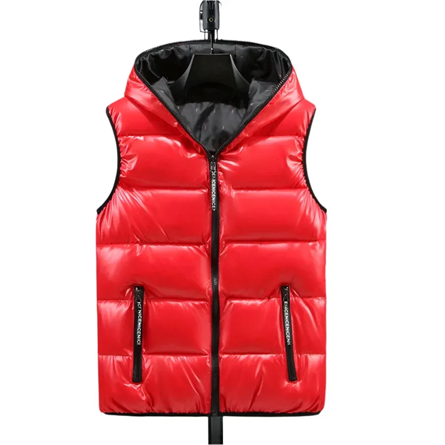 2024 Men’s Hooded Winter Vest – Glossy, Thick Cotton-Padded Sleeveless Coat, Waterproof Warm Waistcoat, Sizes Up to 6XL