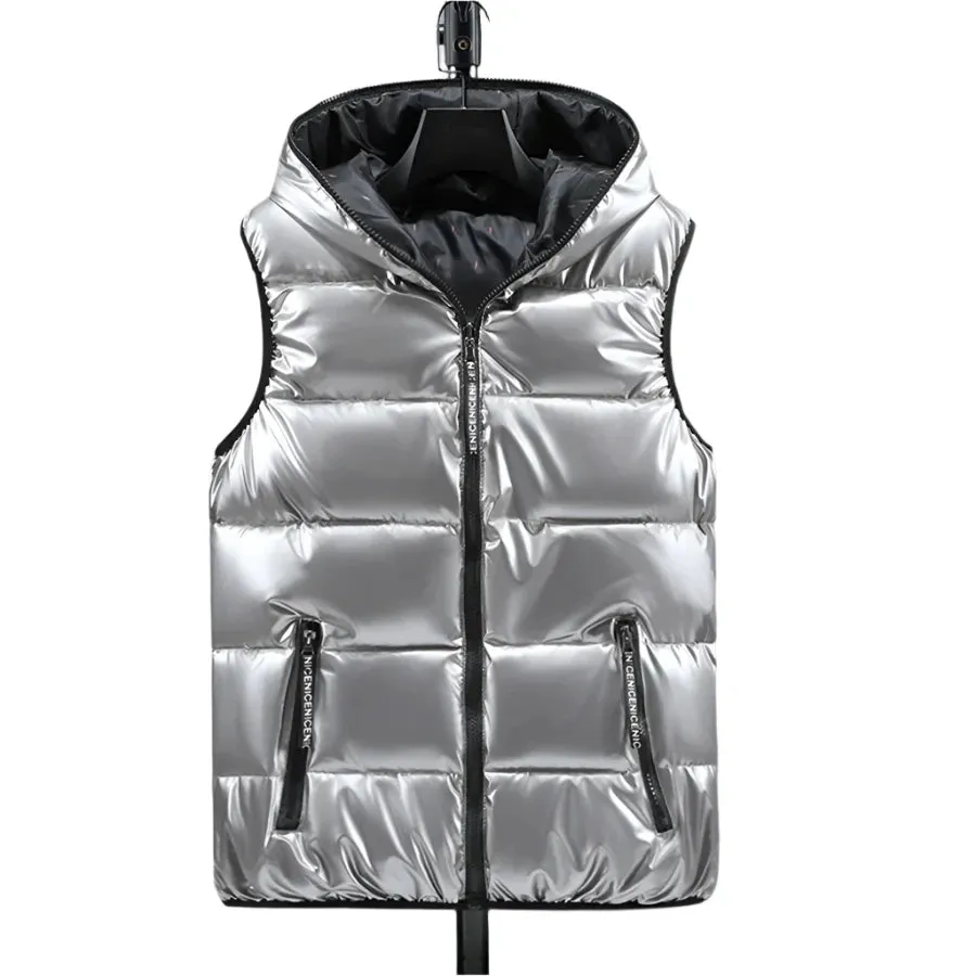 2024 Men’s Hooded Winter Vest – Glossy, Thick Cotton-Padded Sleeveless Coat, Waterproof Warm Waistcoat, Sizes Up to 6XL