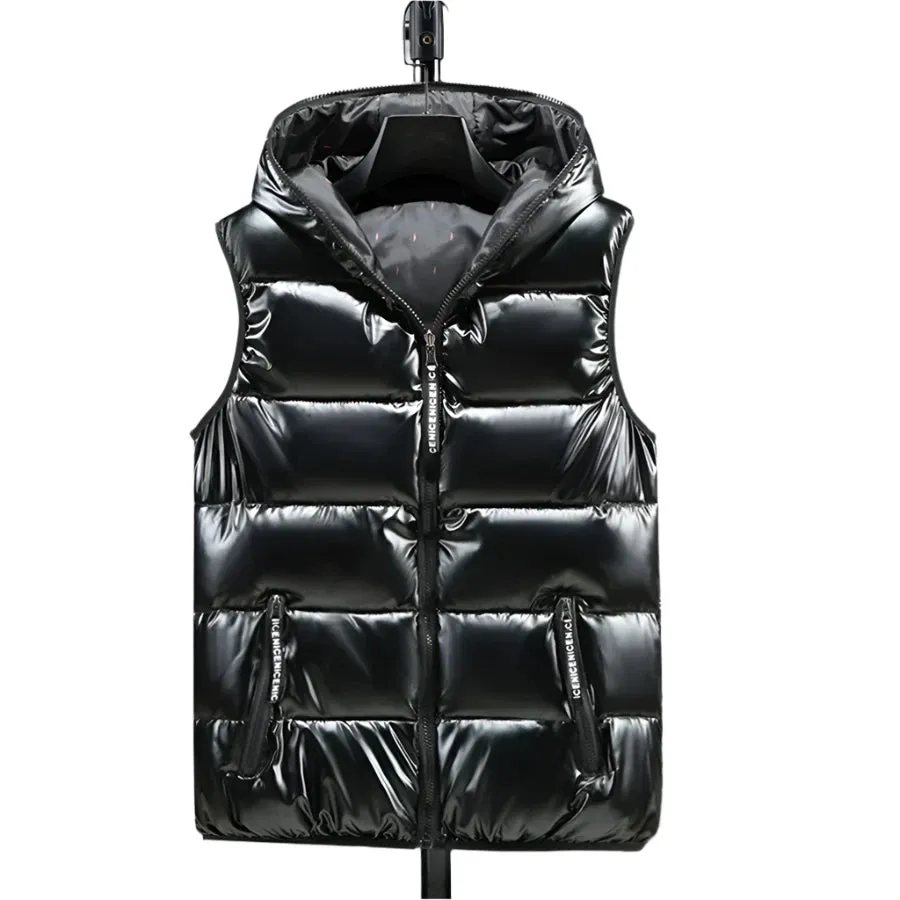 2024 Men’s Hooded Winter Vest – Glossy, Thick Cotton-Padded Sleeveless Coat, Waterproof Warm Waistcoat, Sizes Up to 6XL