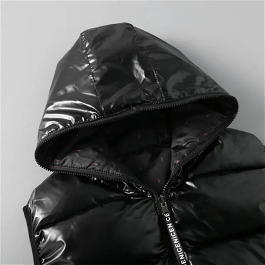 2024 Men’s Hooded Winter Vest – Glossy, Thick Cotton-Padded Sleeveless Coat, Waterproof Warm Waistcoat, Sizes Up to 6XL