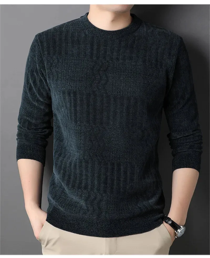 2025 Men's Casual Warm Sweater – Solid Plush Knitted Pullover, Autumn/Winter Thickened Versatile Top
