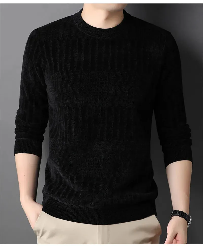 2025 Men's Casual Warm Sweater – Solid Plush Knitted Pullover, Autumn/Winter Thickened Versatile Top