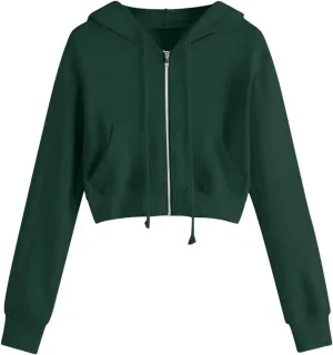 2025 Womens Cropped Zip Up Hoodie Long Sleeve Workout Hooded Sweatshirt Casual Drawstring Jackets Trendy Spring Coat