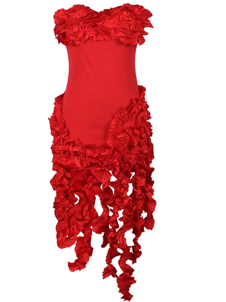 2025 Women’s Fringed Bandage Midi Dress – Glam Strapless Irregular Ruffle Cocktail & Party Dress for Clubwear