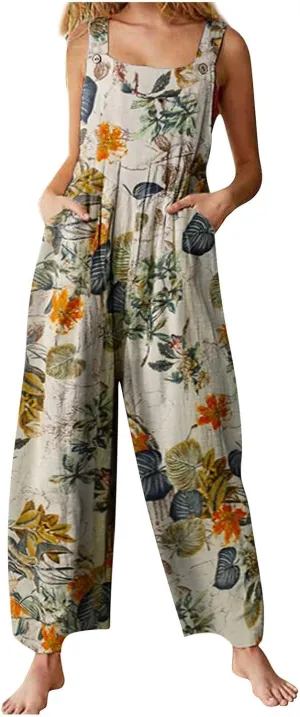 2025 Womens Linen Bib Overalls Summer Floral Printed Patchwork Jumpsuits Casual Boho Romper Wide Harems Pant