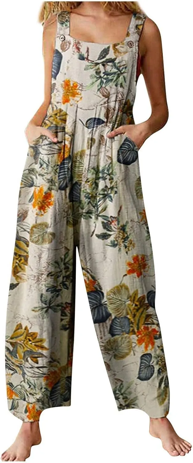 2025 Womens Linen Bib Overalls Summer Floral Printed Patchwork Jumpsuits Casual Boho Romper Wide Harems Pant