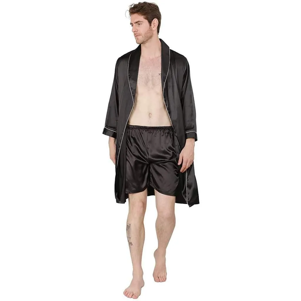 22MM Mulberry Silk Robe Set Mens Classic Silk Bathrobe And Shorts Sleepwear With White Piping