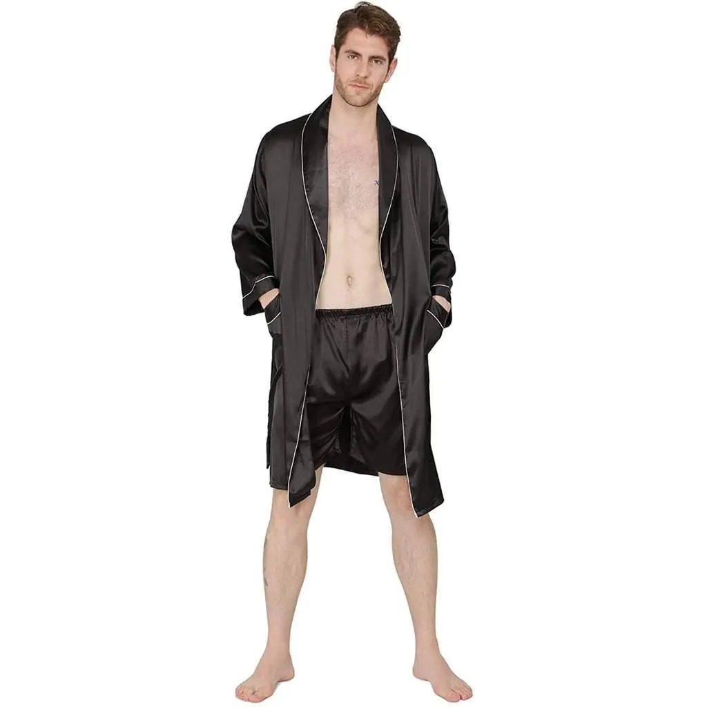 22MM Mulberry Silk Robe Set Mens Classic Silk Bathrobe And Shorts Sleepwear With White Piping