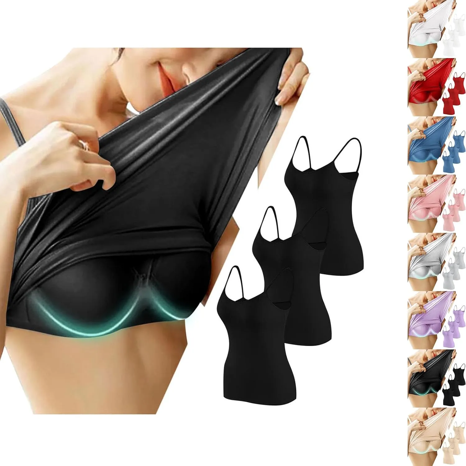 3-Pack Women's Built-in Bra Camisole Tops Spaghetti Strap Yoga Cami Tank Top Soft Modal Summer Sleepwear Undershirts