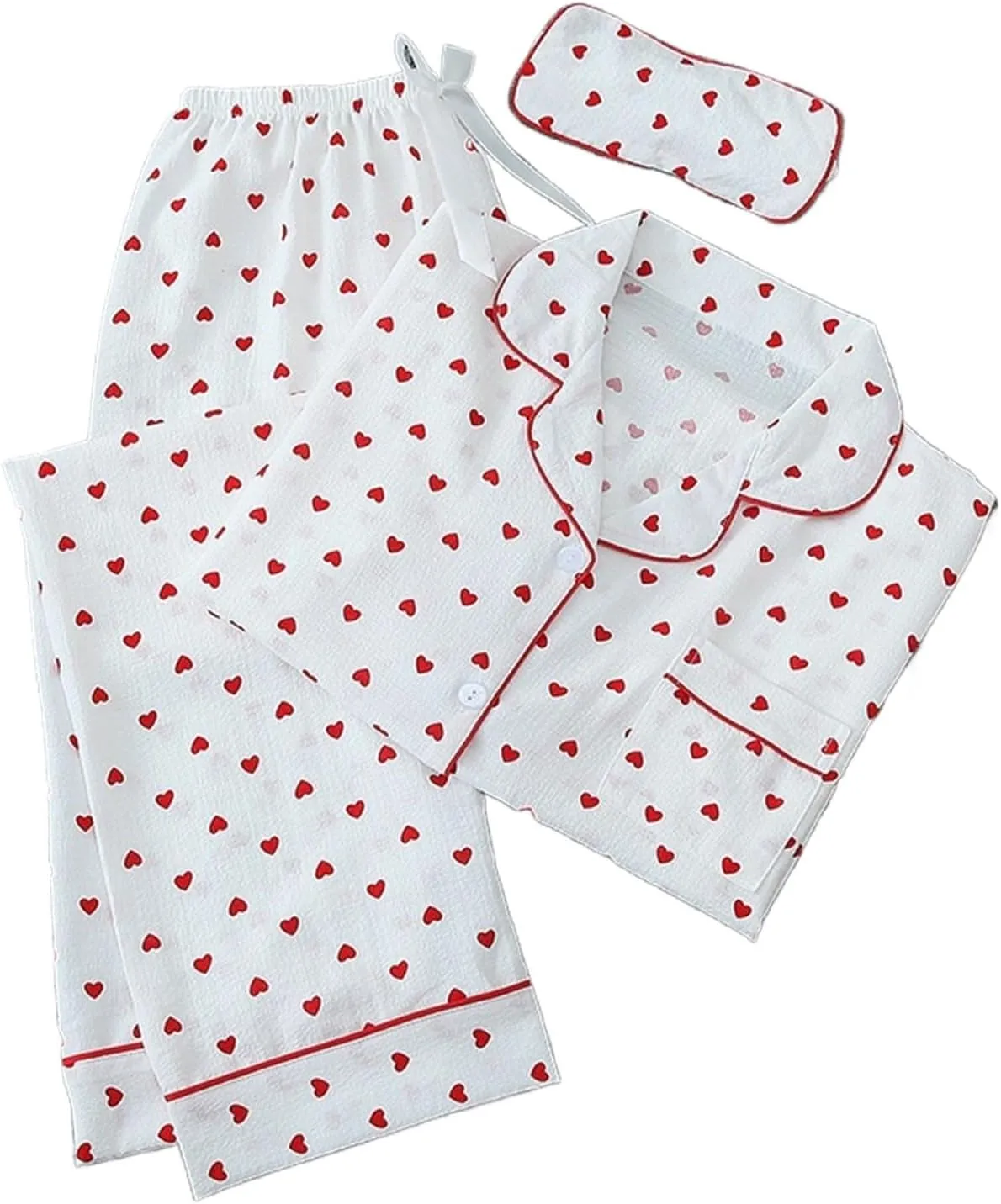 3 PCs Women's Heart Print Pajama Sets Long Sleeve Button Down Sleepwear Loose Pjs Bottom Long Pants Lounge Set with Eye Mask