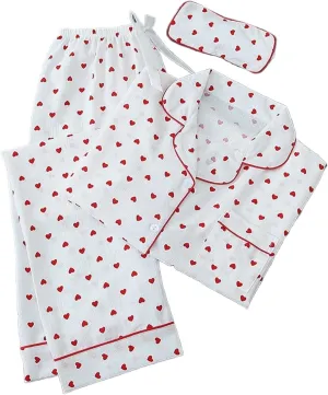 3 PCs Women's Heart Print Pajama Sets Long Sleeve Button Down Sleepwear Loose Pjs Bottom Long Pants Lounge Set with Eye Mask