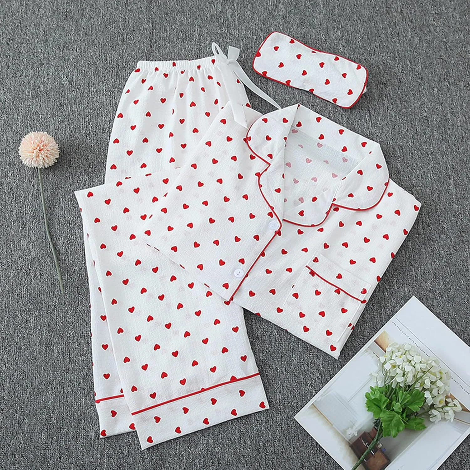 3 PCs Women's Heart Print Pajama Sets Long Sleeve Button Down Sleepwear Loose Pjs Bottom Long Pants Lounge Set with Eye Mask