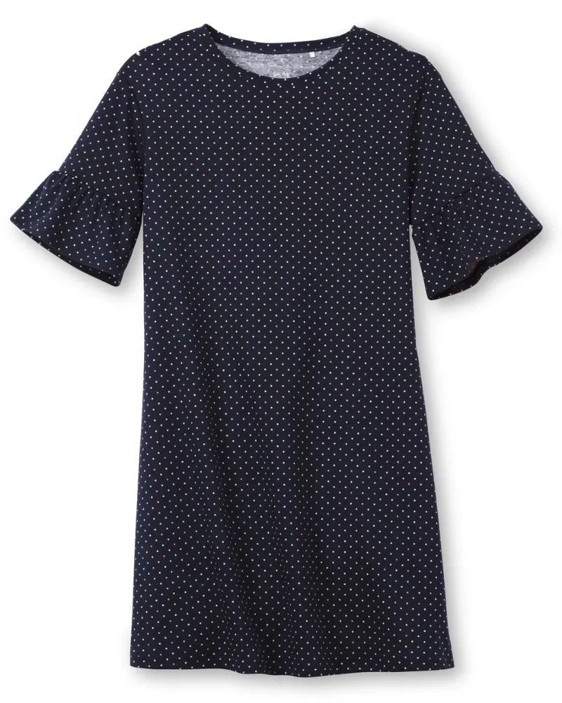 30539 #339 Dark Lapis Blue Dots Ruffled Short Sleeve 100% Cotton Nightshirt