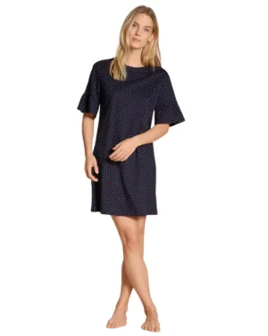 30539 #339 Dark Lapis Blue Dots Ruffled Short Sleeve 100% Cotton Nightshirt