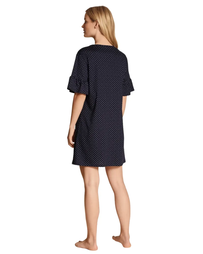 30539 #339 Dark Lapis Blue Dots Ruffled Short Sleeve 100% Cotton Nightshirt