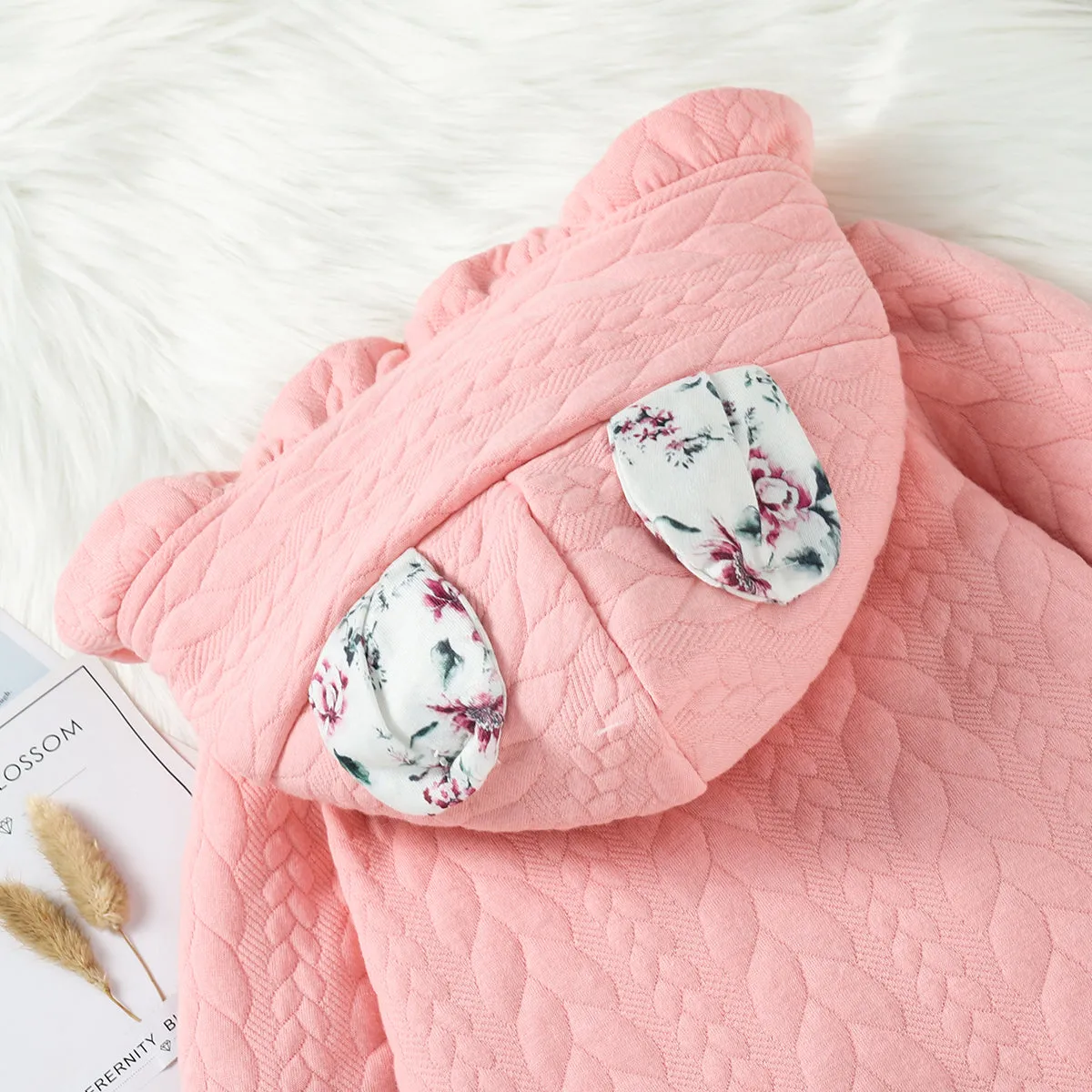3D Ears Hooded Long-sleeve Ruffle Pink Thickened Lined Baby Jumpsuit