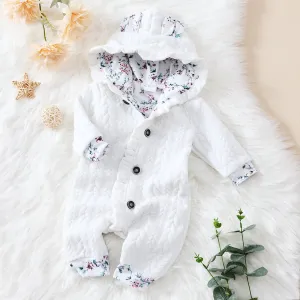 3D Ears Hooded Long-sleeve Ruffle Pink Thickened Lined Baby Jumpsuit
