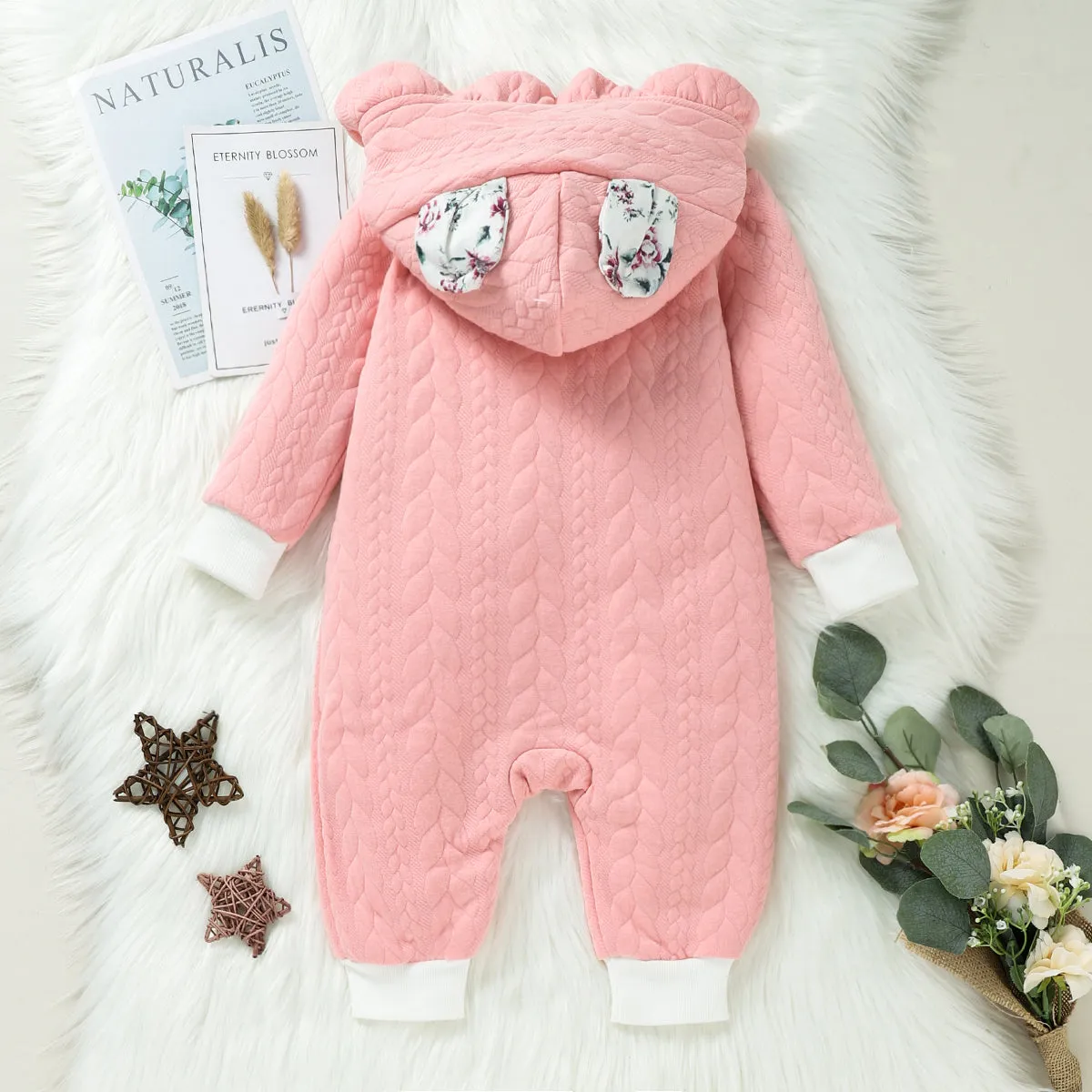 3D Ears Hooded Long-sleeve Ruffle Pink Thickened Lined Baby Jumpsuit