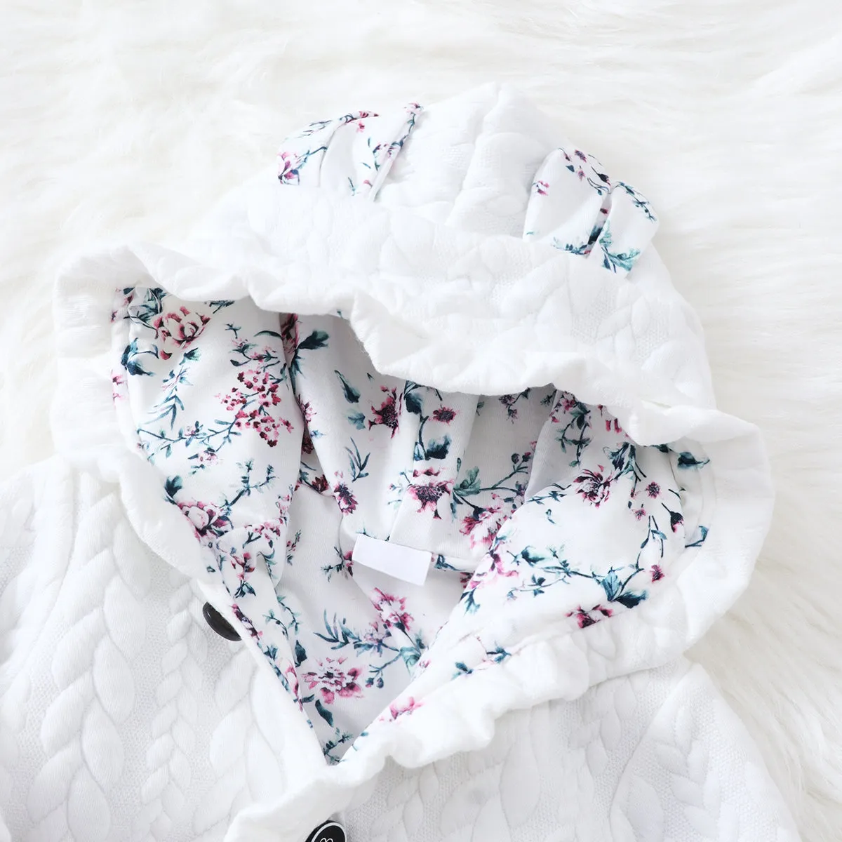 3D Ears Hooded Long-sleeve Ruffle Pink Thickened Lined Baby Jumpsuit