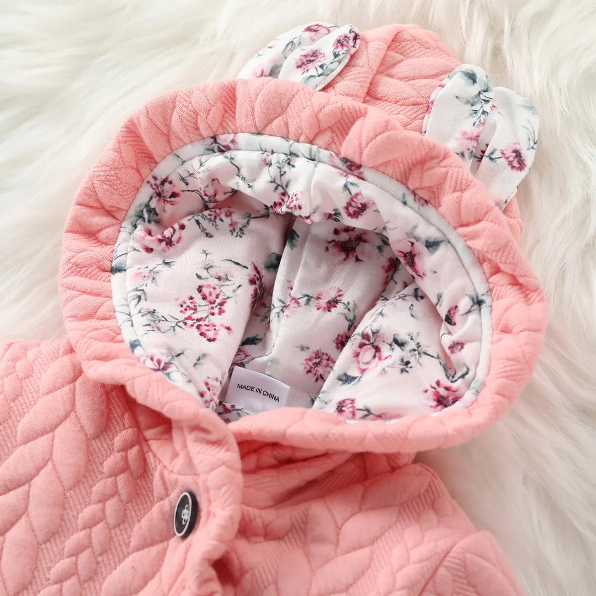 3D Ears Hooded Long-sleeve Ruffle Pink Thickened Lined Baby Jumpsuit