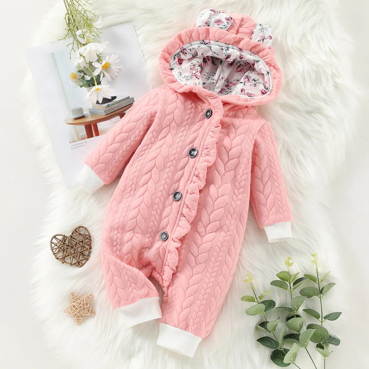 3D Ears Hooded Long-sleeve Ruffle Pink Thickened Lined Baby Jumpsuit