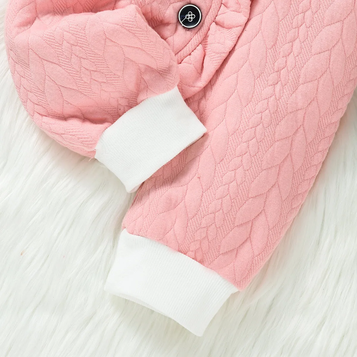 3D Ears Hooded Long-sleeve Ruffle Pink Thickened Lined Baby Jumpsuit