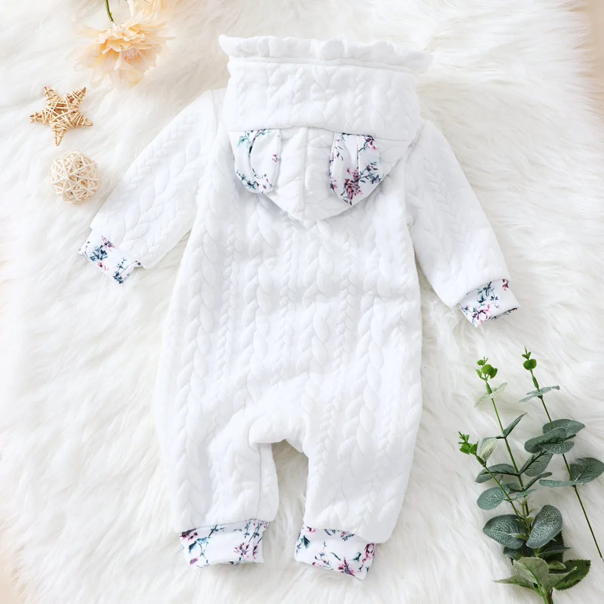 3D Ears Hooded Long-sleeve Ruffle Pink Thickened Lined Baby Jumpsuit