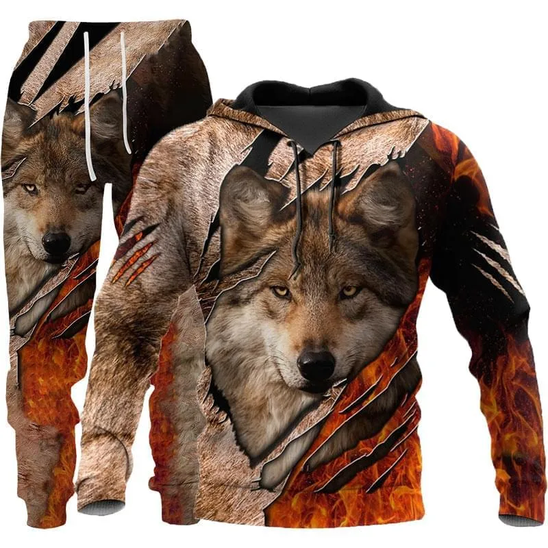 3D Wolf Print Sportswear Hooded Suit For Men's - GlamzLife