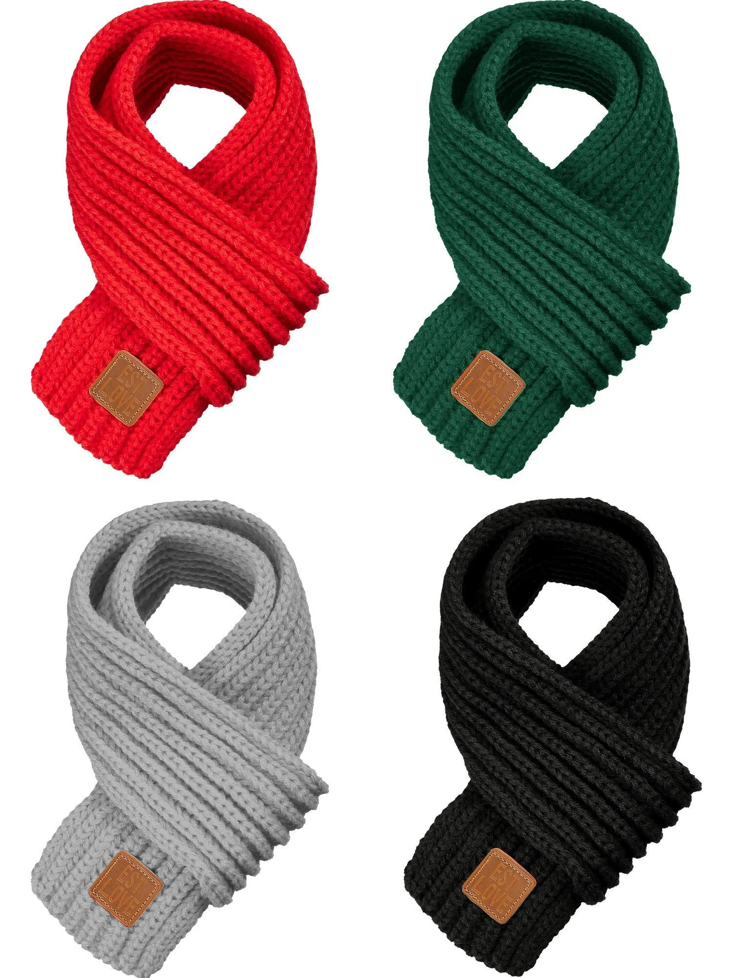 4 Pieces Kids Knitted Scarf Winter Solid Color Toddler Warmer Scarf for Boy Girl Red, Green, Black, Light Gray