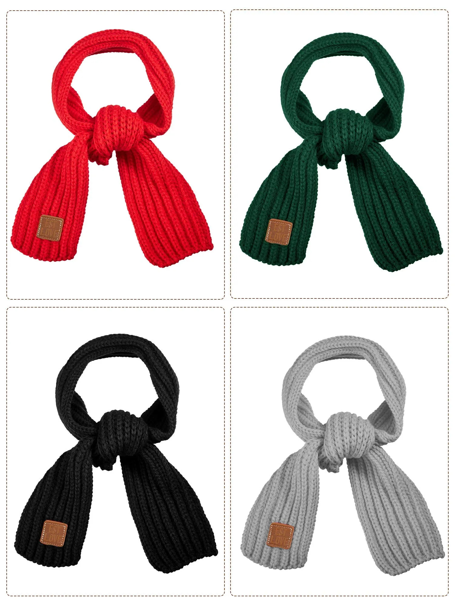 4 Pieces Kids Knitted Scarf Winter Solid Color Toddler Warmer Scarf for Boy Girl Red, Green, Black, Light Gray