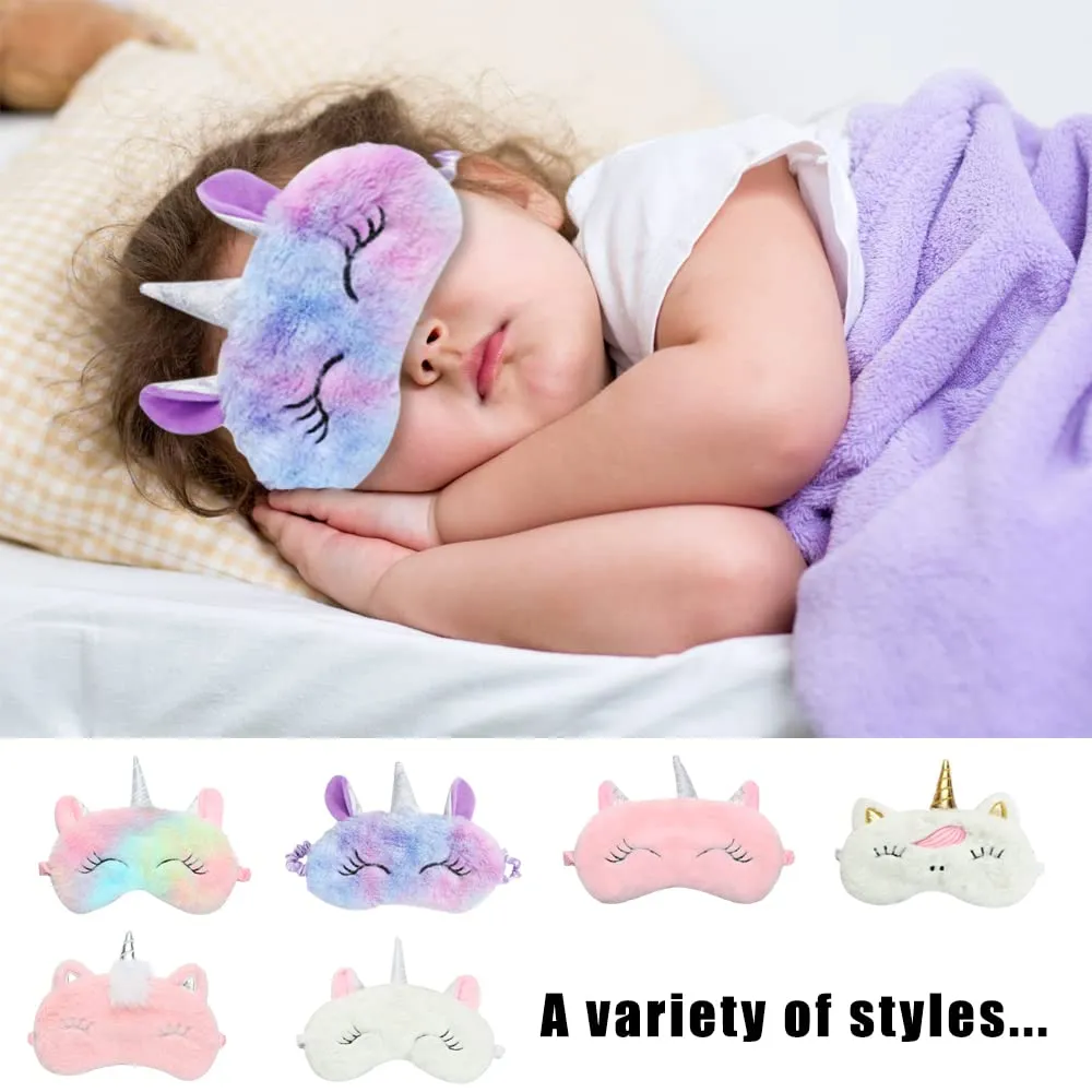 4Pcs Cute Sleep Mask, Unicorn Cartoon Eye Mask for Travel Nap Sleep Lunch Break Overnight Party, Soft Plush Blindfold Eye Covers for Women Girls Kids Style3