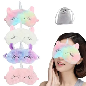 4Pcs Cute Sleep Mask, Unicorn Cartoon Eye Mask for Travel Nap Sleep Lunch Break Overnight Party, Soft Plush Blindfold Eye Covers for Women Girls Kids Style3