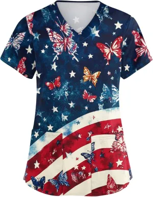 4th of July Scrubs for Women 2025 V Neck Printed Scrub Tops Soft Short Sleeve Nurse Uniform Shirts with 2 Pockets