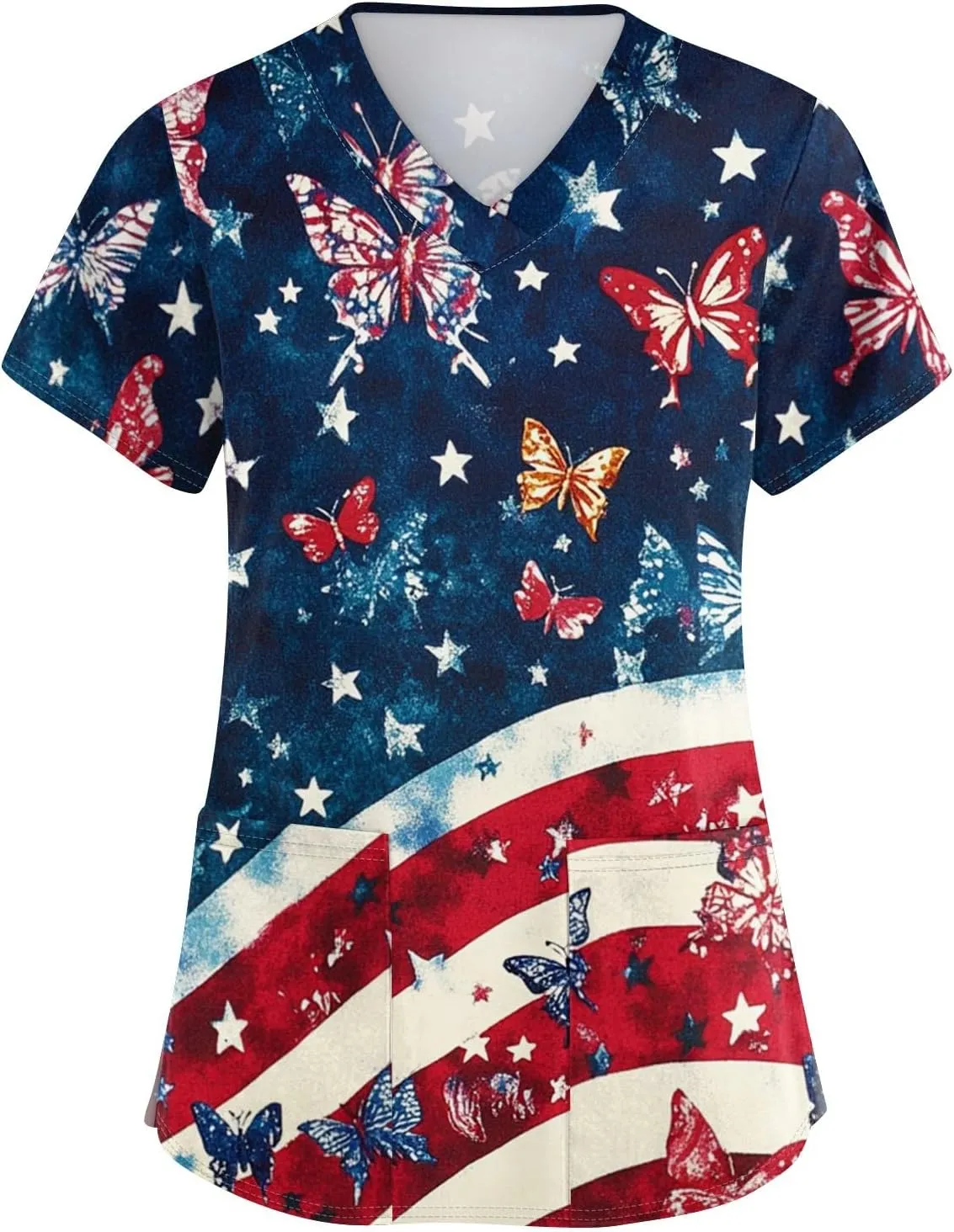 4th of July Scrubs for Women 2025 V Neck Printed Scrub Tops Soft Short Sleeve Nurse Uniform Shirts with 2 Pockets