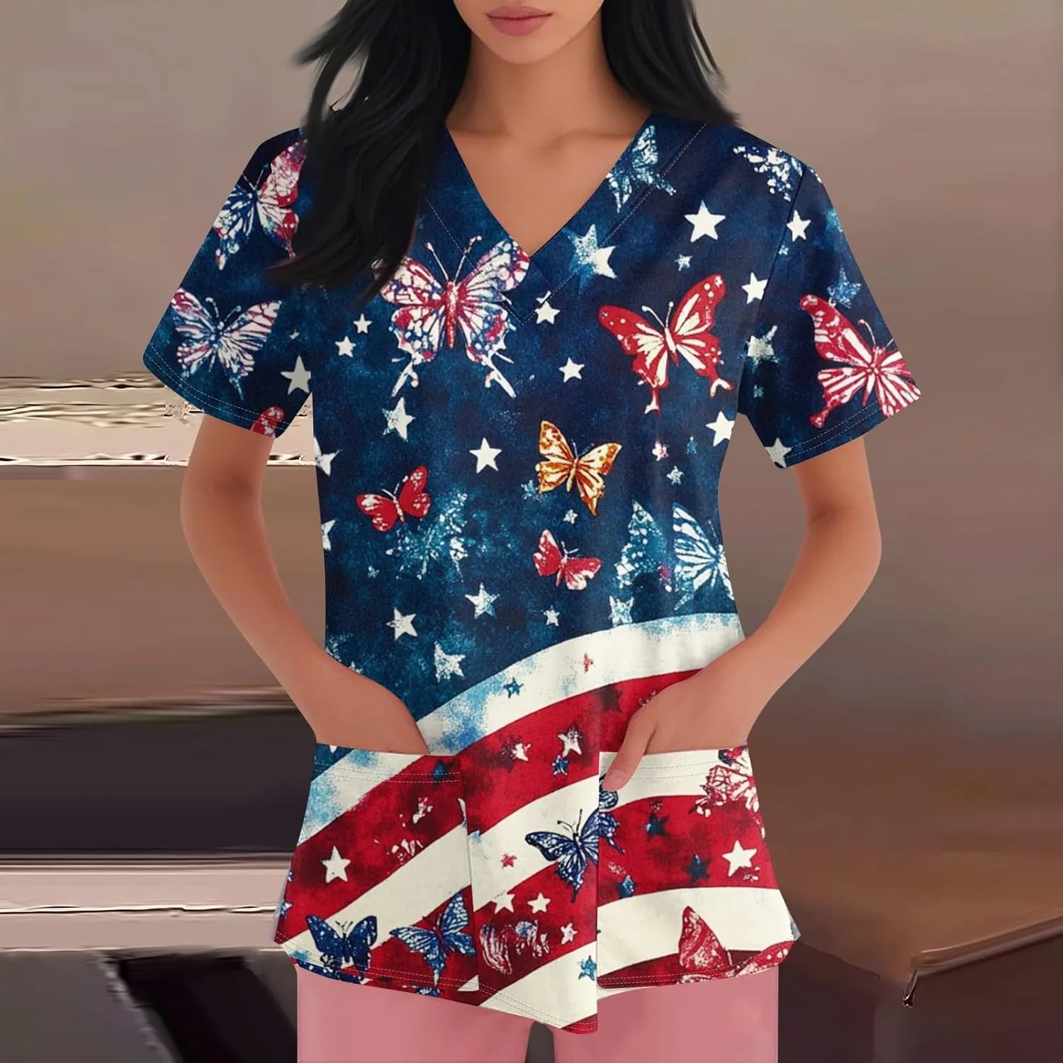 4th of July Scrubs for Women 2025 V Neck Printed Scrub Tops Soft Short Sleeve Nurse Uniform Shirts with 2 Pockets