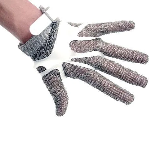 5 Finger Stainless Steel Mesh Glove with White Silicone Strap – Small