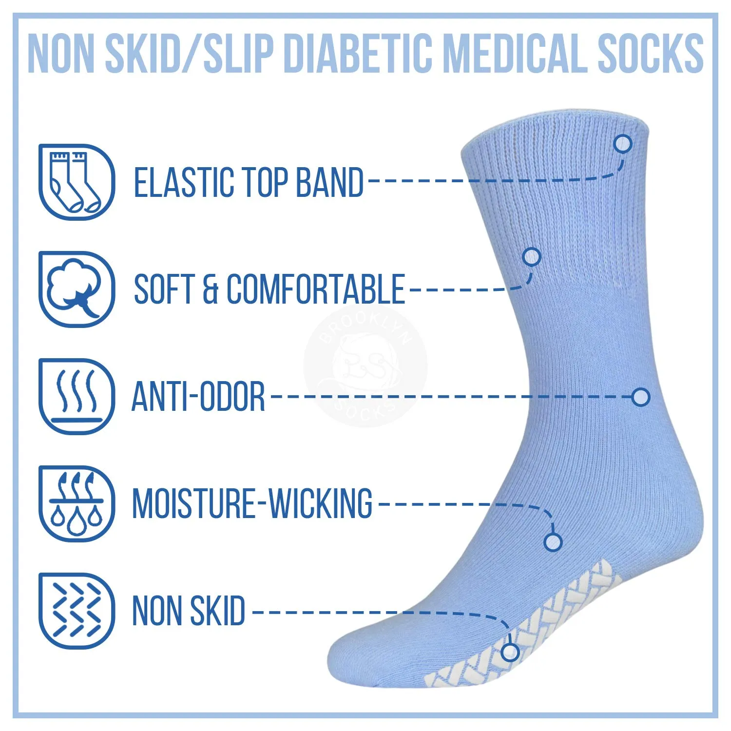 6 Pairs of Womens Diabetic Non Skid/Slip Medical Cotton Quarter Crew Length Socks, Rubber Gripper Bottom Hospital Fit's Shoe Size 6-9