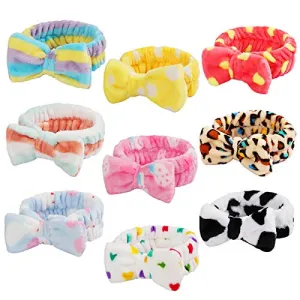 9 Pack Spa Headband Facial Makeup Headband, Coral Fleece Cosmetic Headband Face Wash Headband , Bow Hair band for Washing Face Terry Cloth Headbands for Women Girls (Color B)