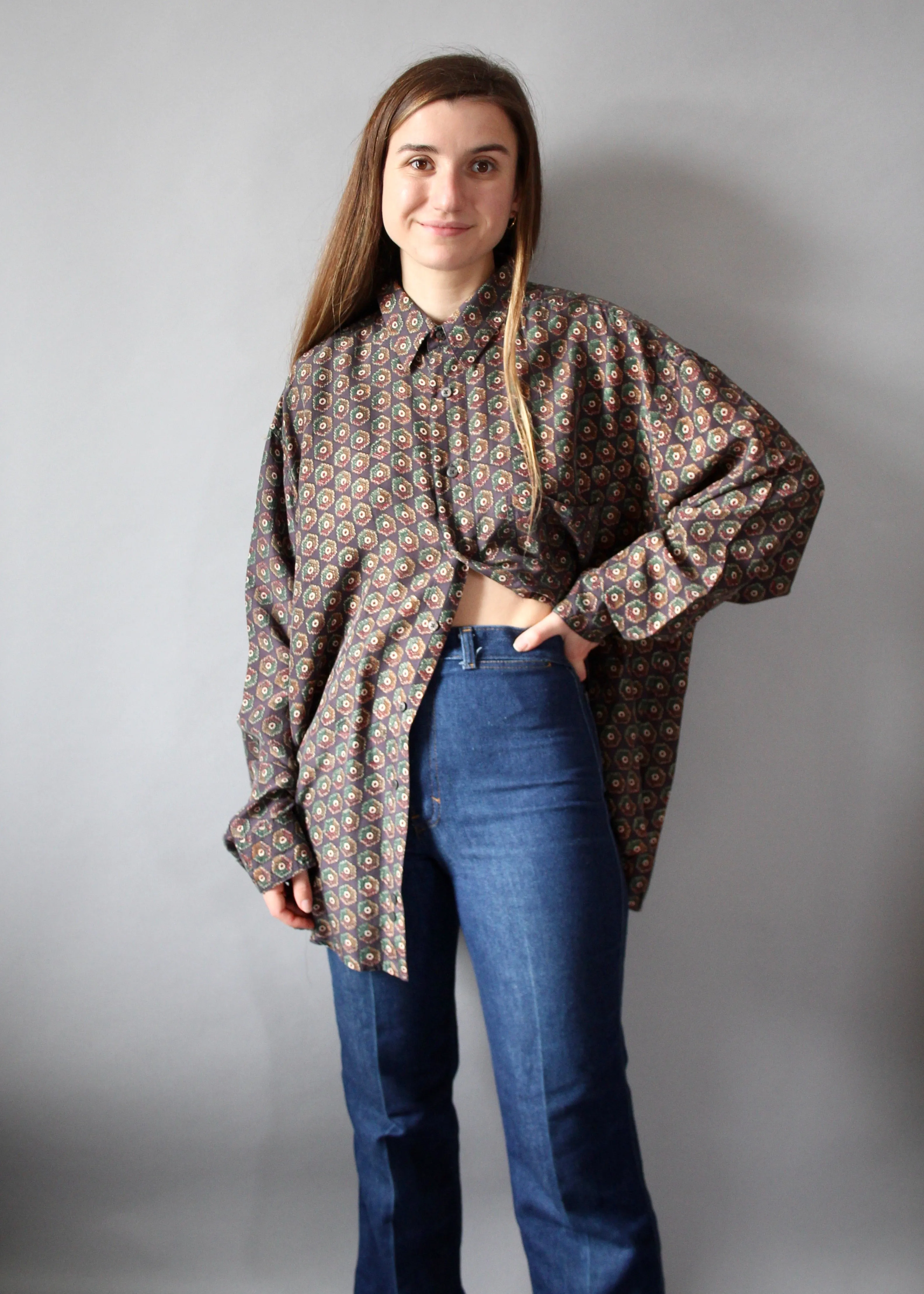 90s Chiamare 100% Silk Patterned Blouse - XL