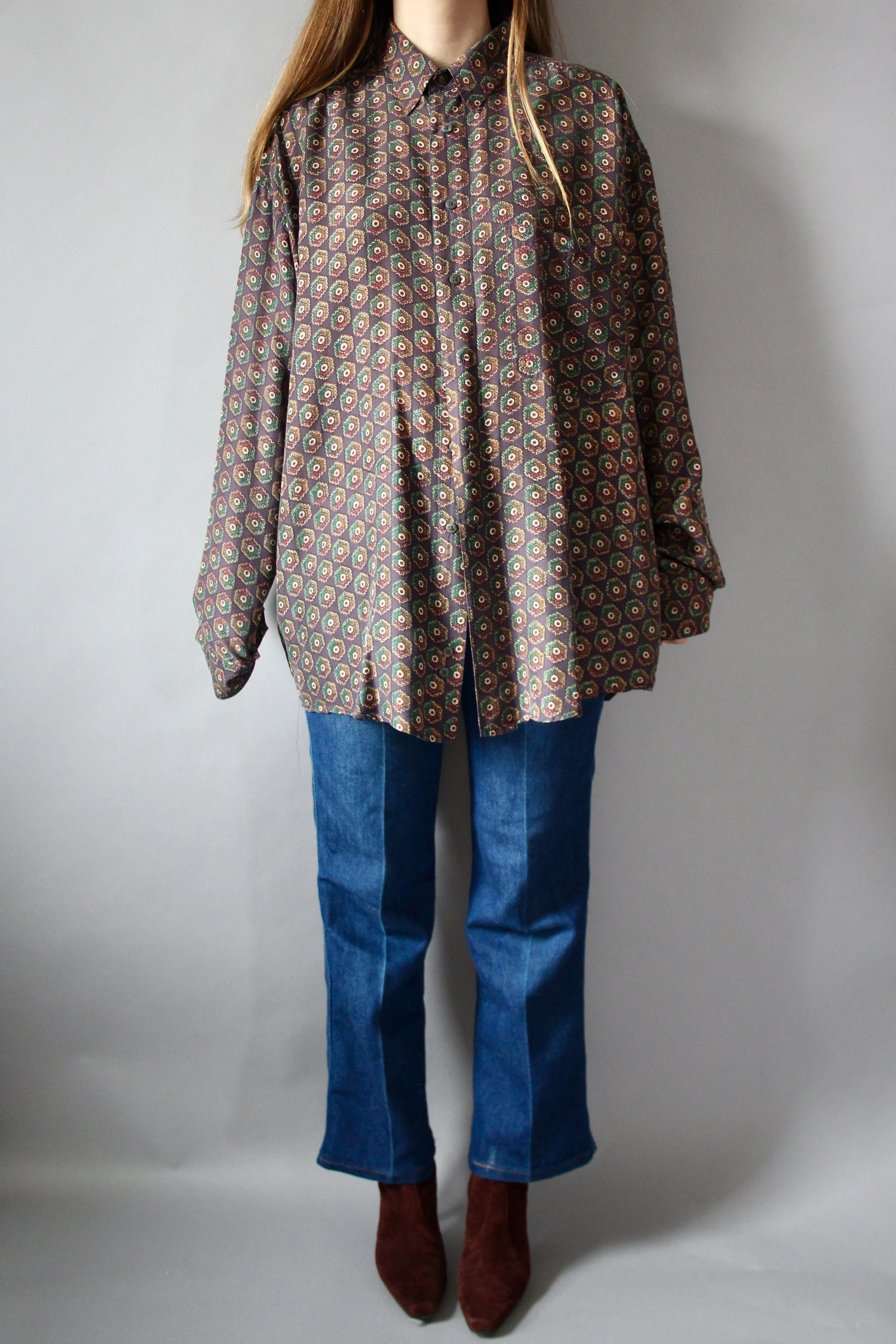 90s Chiamare 100% Silk Patterned Blouse - XL