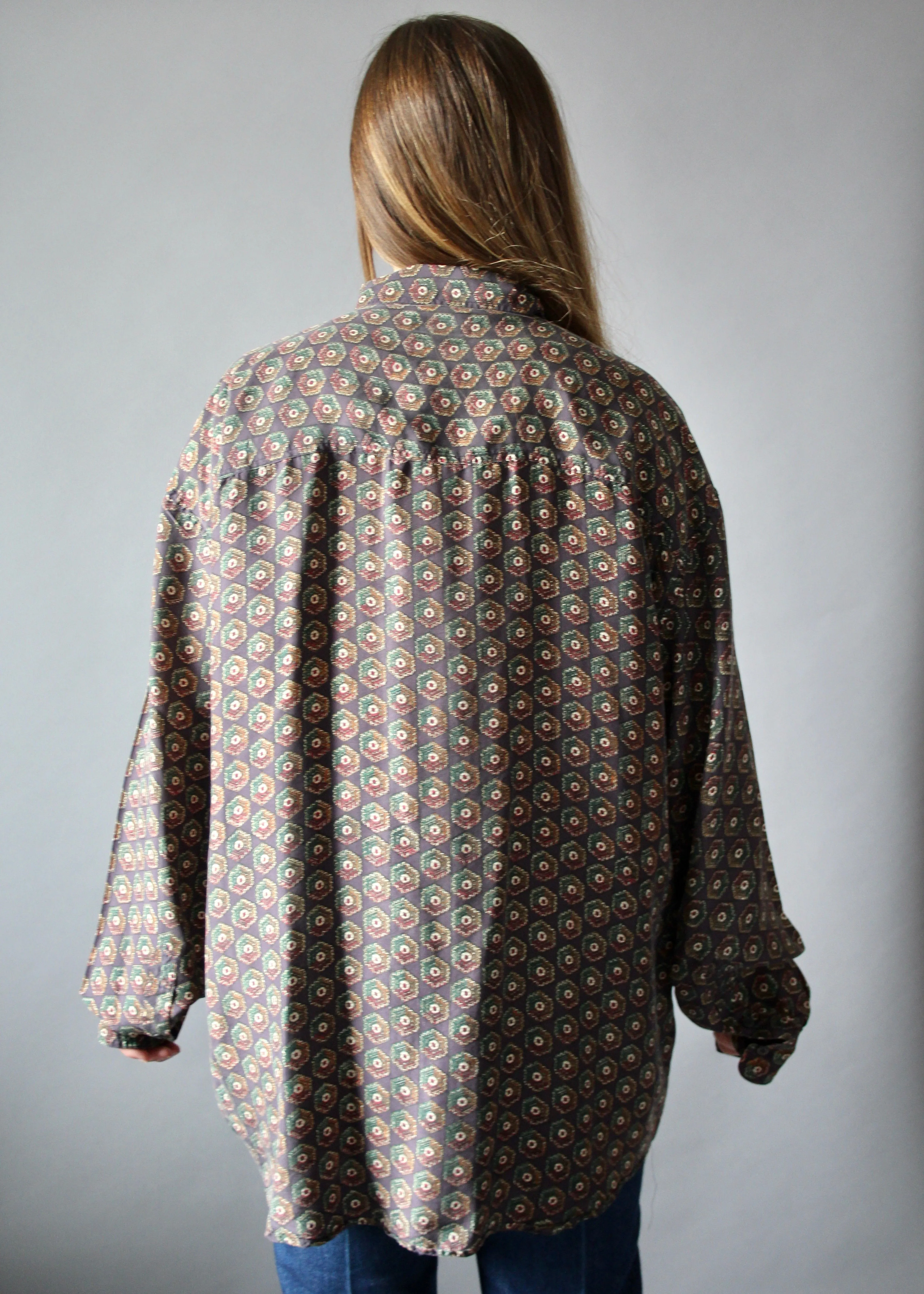 90s Chiamare 100% Silk Patterned Blouse - XL