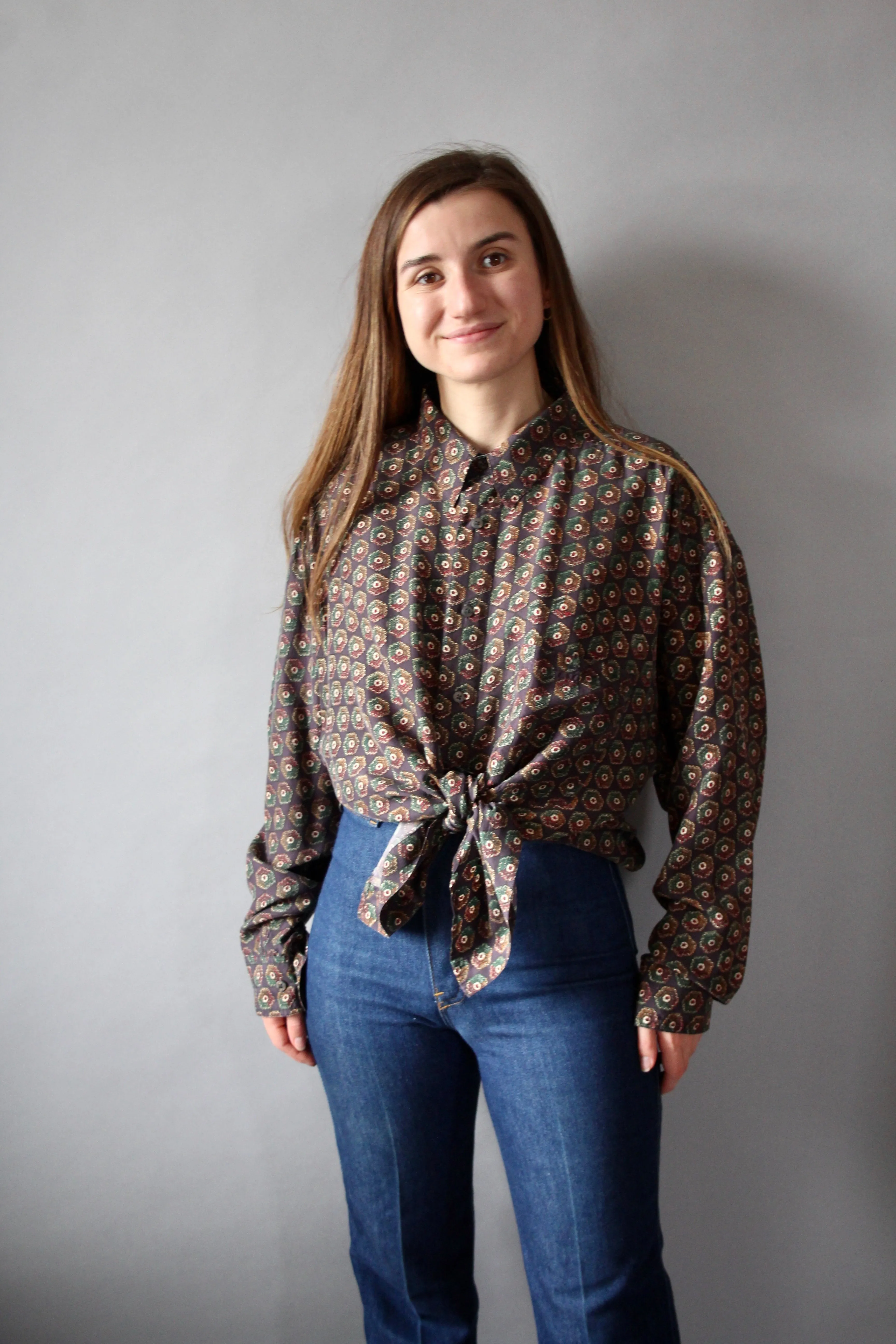 90s Chiamare 100% Silk Patterned Blouse - XL