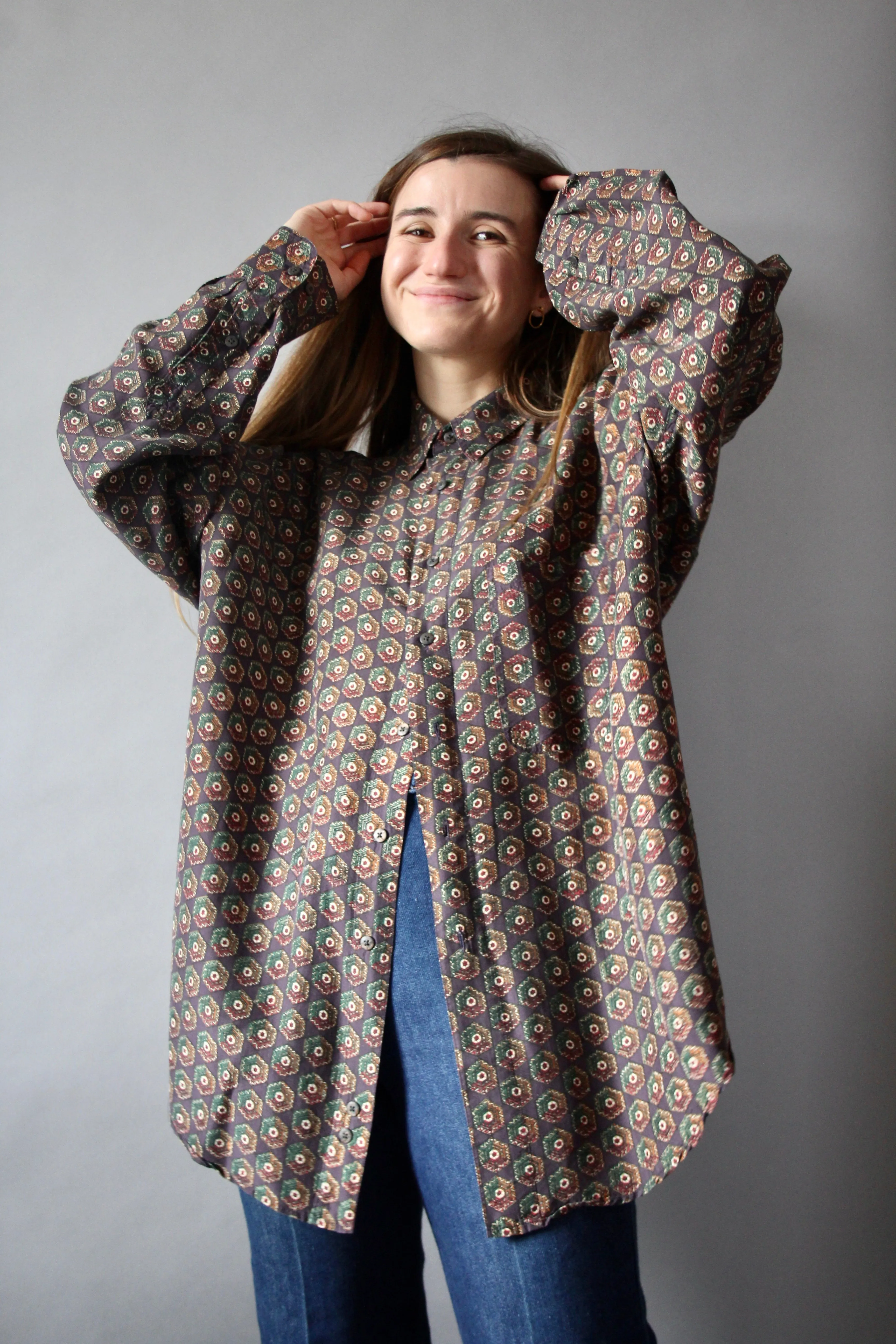 90s Chiamare 100% Silk Patterned Blouse - XL