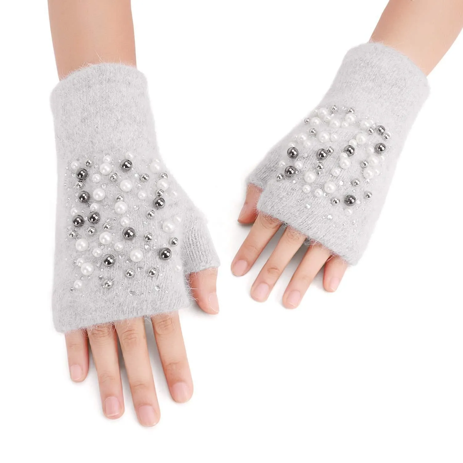 Afinder Winter Chic Beads Knitted Gloves Driving Writing Typing Short Fingerless Mitten Grey