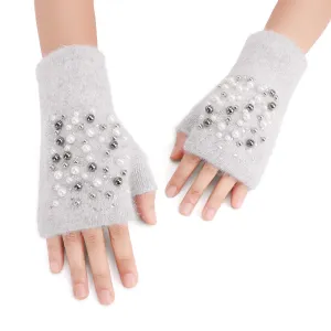 Afinder Winter Chic Beads Knitted Gloves Driving Writing Typing Short Fingerless Mitten Grey