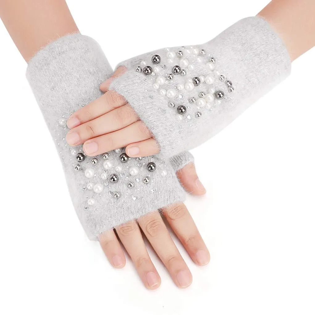 Afinder Winter Chic Beads Knitted Gloves Driving Writing Typing Short Fingerless Mitten Grey