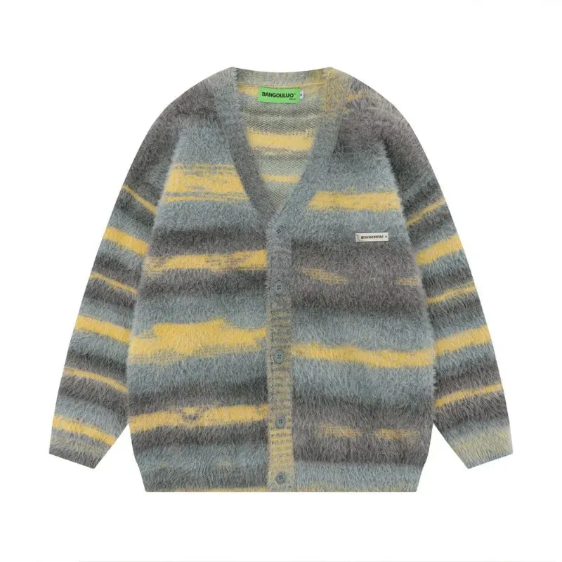 Aidase Autumn and Winter Striped Plush Thickened Men's Cardigan V-neck Fashionable Casual Loose Sweater Couple Streetwear Loose Knit