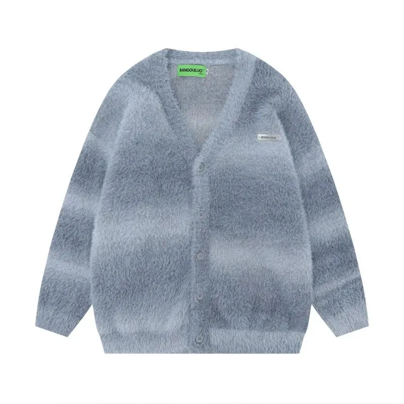 Aidase Autumn and Winter Striped Plush Thickened Men's Cardigan V-neck Fashionable Casual Loose Sweater Couple Streetwear Loose Knit